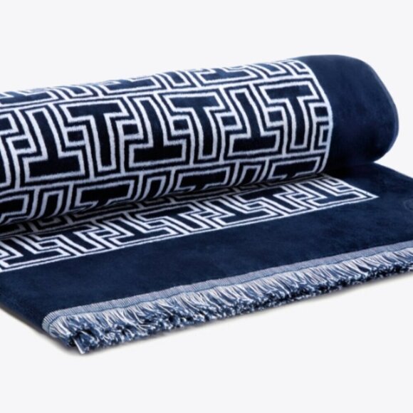 NWT! Tory Burch Oversized T-Tile Beach Towel -Navy - Picture 1 of 7